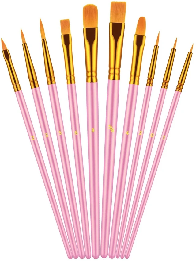 Main image of 10Pcs Paint Brush Set, Small Round Detail Tips, Pink | Made with nylon hair & wooden handles. Ideal for acrylic, oil & watercolor, canvas, rock & face painting, adult art supplies