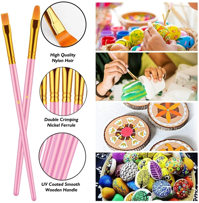 Alt view image 4 of 7 - 10Pcs Paint Brush Set, Small Round Detail Tips, Pink | Made with nylon hair & wooden handles. Ideal for acrylic, oil & watercolor, canvas, rock & face painting, adult art supplies