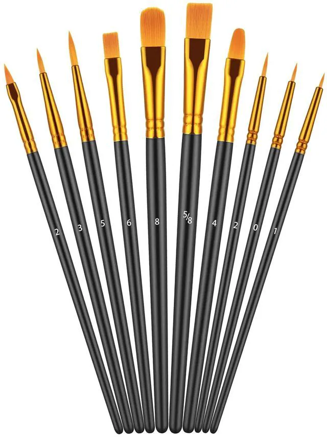 Main image of 10Pcs Paint Brush Set, Small Round Detail Tips, Black | Made with nylon hair & wooden handles. Ideal for acrylic, oil & watercolor, canvas, rock & face painting, adult art supplies