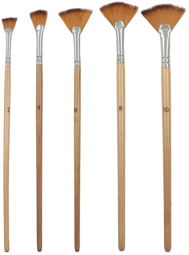 Main image of Fan Paint Brush Set, 5 Pcs | Long Wood Handle, Nylon Hair, For Acrylic Painting, For Oil Watercolor Gouache Blending