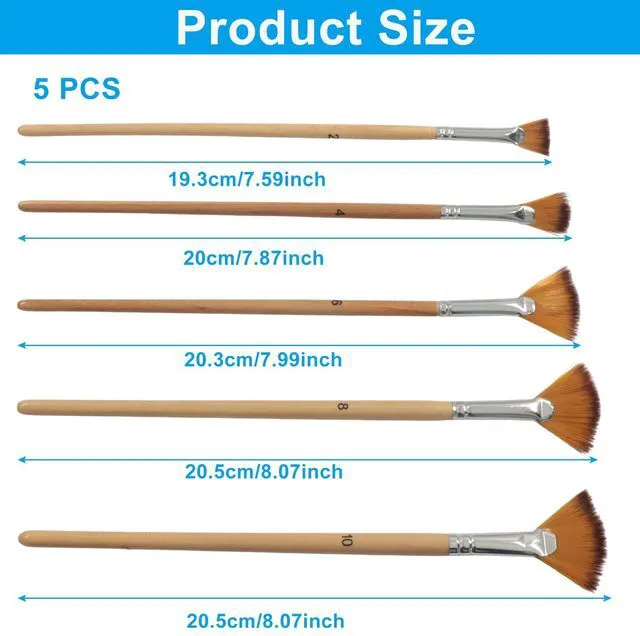 Alt view image 2 of 5 - Fan Paint Brush Set, 5 Pcs | Long Wood Handle, Nylon Hair, For Acrylic Painting, For Oil Watercolor Gouache Blending