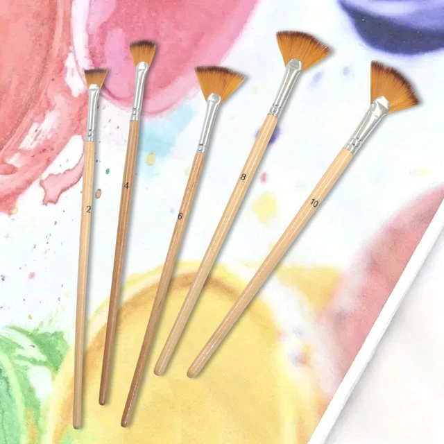 Alt view image 4 of 5 - Fan Paint Brush Set, 5 Pcs | Long Wood Handle, Nylon Hair, For Acrylic Painting, For Oil Watercolor Gouache Blending