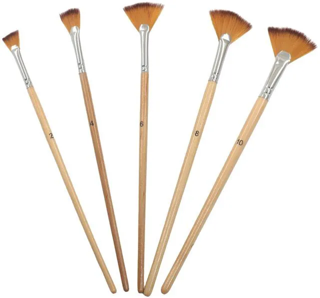 Alt view image 5 of 5 - Fan Paint Brush Set, 5 Pcs | Long Wood Handle, Nylon Hair, For Acrylic Painting, For Oil Watercolor Gouache Blending