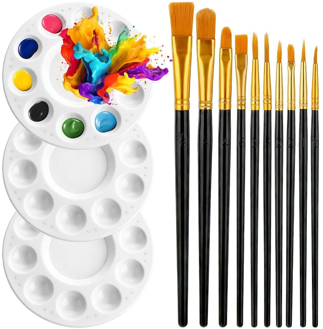 Main image of Paint Brushes Palette Set, 10PCS Black Paint Brushes & 3PCS Round Plastic Paint-Palettes, Nylon Hair Paintbrush (Assorted Sizes & Shapes) for Acrylic, Oil, Watercolor, Gouache, Tempera, Body Painting