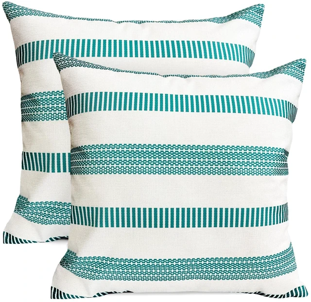 Main image of Decorative Boho Farmhouse Throw Pillow Covers 18x18 inch Set of 2 | Teal Blue Throw Pillows Linen Square Pillow Cases,Modern Striped Outdoor Pillow Covers for Couch Sofa Chair Bed Living Room