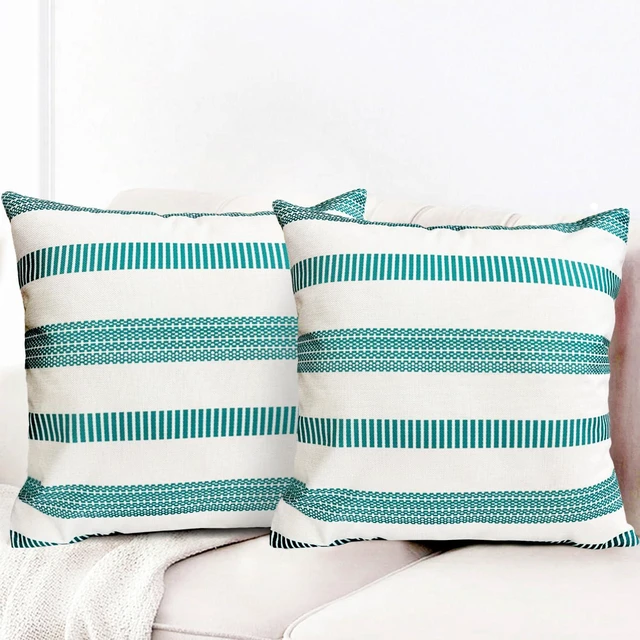 Alt view image 2 of 7 - Decorative Boho Farmhouse Throw Pillow Covers 18x18 inch Set of 2 | Teal Blue Throw Pillows Linen Square Pillow Cases,Modern Striped Outdoor Pillow Covers for Couch Sofa Chair Bed Living Room