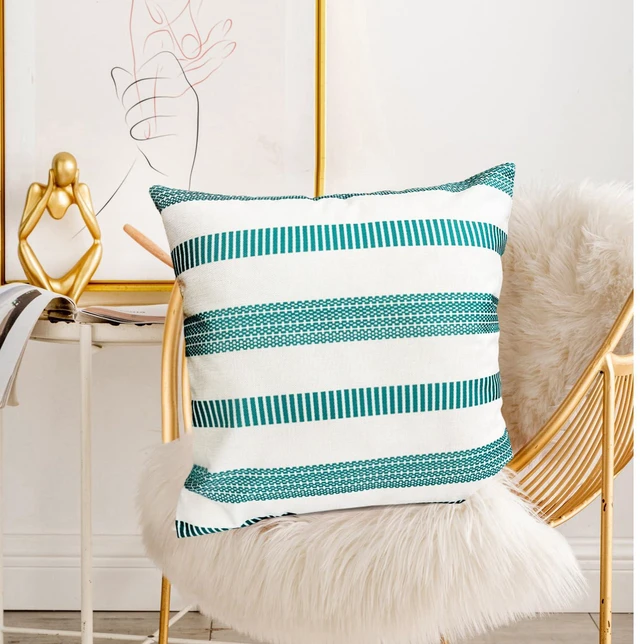 Alt view image 3 of 7 - Decorative Boho Farmhouse Throw Pillow Covers 18x18 inch Set of 2 | Teal Blue Throw Pillows Linen Square Pillow Cases,Modern Striped Outdoor Pillow Covers for Couch Sofa Chair Bed Living Room