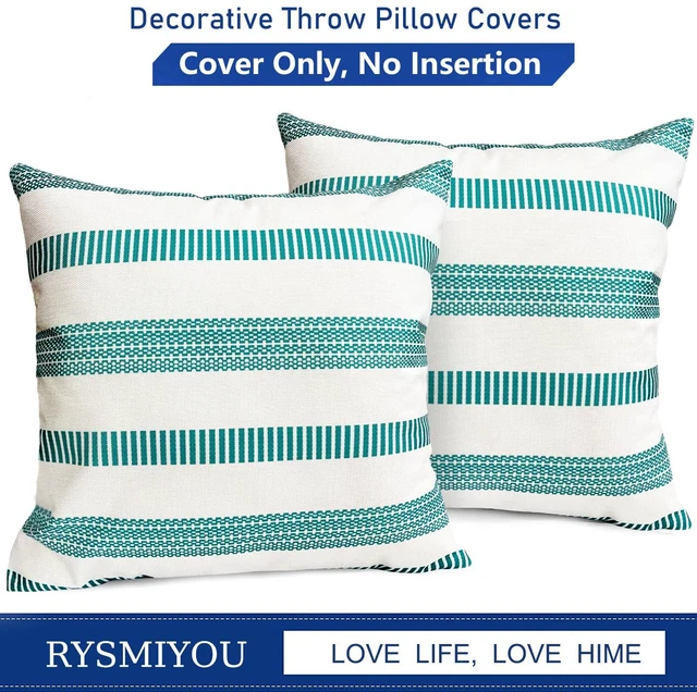 Alt view image 4 of 7 - Decorative Boho Farmhouse Throw Pillow Covers 18x18 inch Set of 2 | Teal Blue Throw Pillows Linen Square Pillow Cases,Modern Striped Outdoor Pillow Covers for Couch Sofa Chair Bed Living Room