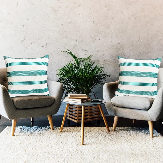 Alt view image 7 of 7 - Decorative Boho Farmhouse Throw Pillow Covers 18x18 inch Set of 2 | Teal Blue Throw Pillows Linen Square Pillow Cases,Modern Striped Outdoor Pillow Covers for Couch Sofa Chair Bed Living Room