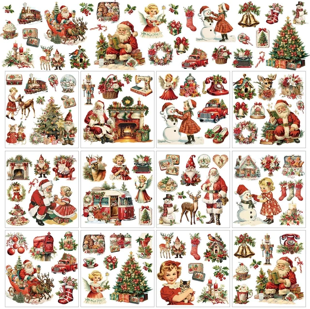Main image of 12pcs Christmas Antique Rub on Transfer Stickers Furniture Crafts Retro Xmas Decals for Wood Scrapbook Door Window Scrapbook DIY Home Office Decor Wood Fabric Envelope Crafts 6 x 6 Inch