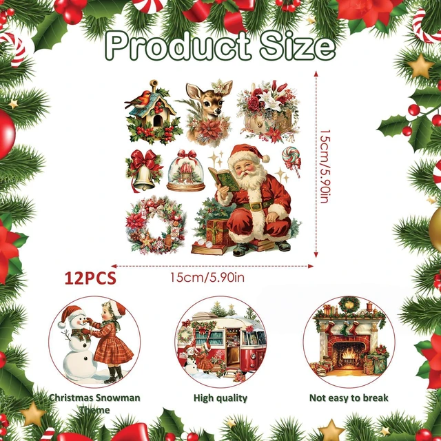 Alt view image 2 of 7 - 12pcs Christmas Antique Rub on Transfer Stickers Furniture Crafts Retro Xmas Decals for Wood Scrapbook Door Window Scrapbook DIY Home Office Decor Wood Fabric Envelope Crafts 6 x 6 Inch