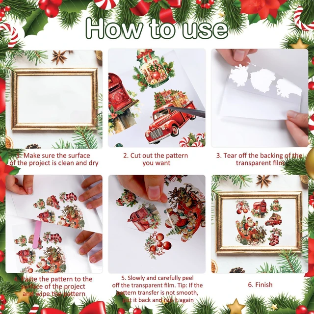 Alt view image 3 of 7 - 12pcs Christmas Antique Rub on Transfer Stickers Furniture Crafts Retro Xmas Decals for Wood Scrapbook Door Window Scrapbook DIY Home Office Decor Wood Fabric Envelope Crafts 6 x 6 Inch