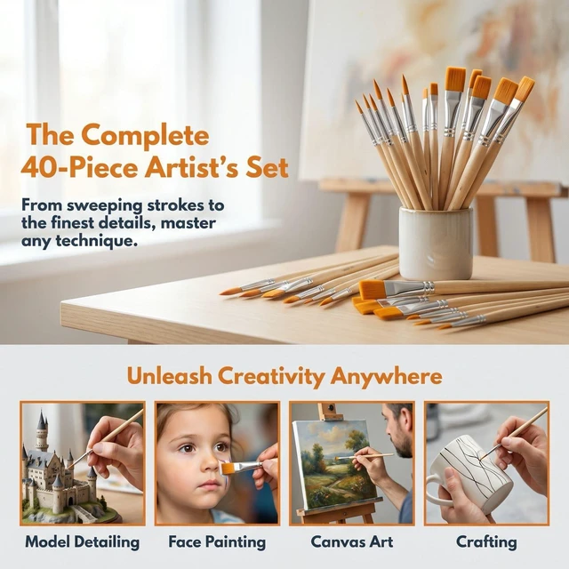 Alt view image 3 of 7 - 40 Piece Paint Brush Set Bulk 20 Flat Nylon and 20 Small Detail Brushes with Wood Handles for Acrylic Watercolor Oil Crafts Artists Face Body Art