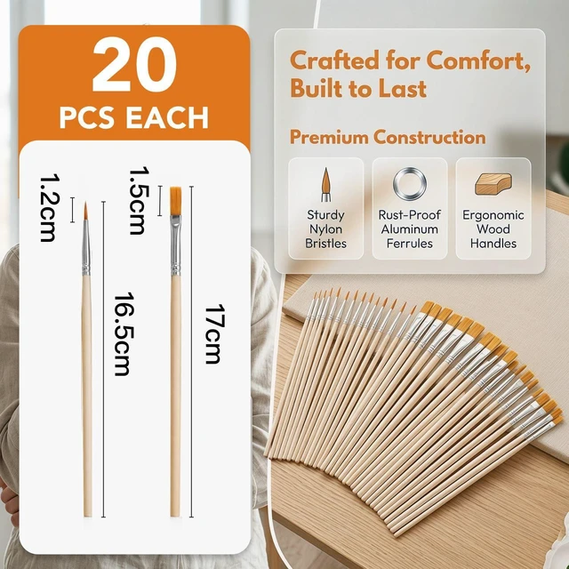 Alt view image 2 of 7 - 40 Piece Paint Brush Set Bulk 20 Flat Nylon and 20 Small Detail Brushes with Wood Handles for Acrylic Watercolor Oil Crafts Artists Face Body Art
