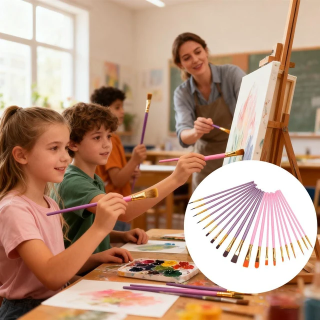 Alt view image 2 of 5 - 20 Pcs Paint Brush Set Nylon Paint Brushes, for Oil, Watercolor, Gouache, Face Painting, Draw Artists and Beginners, Pink and Purple