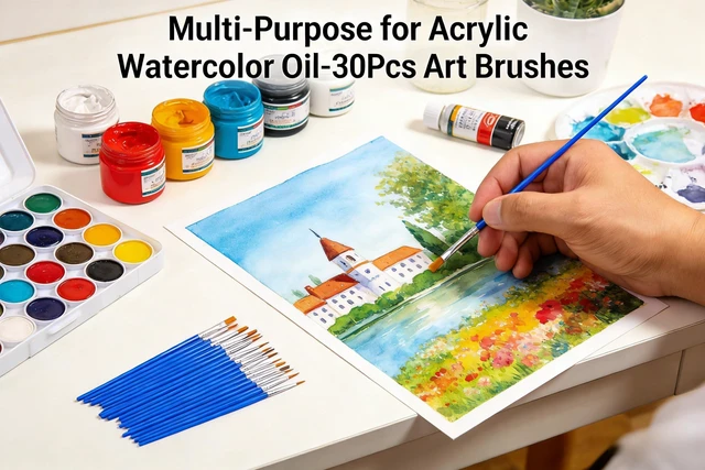 Alt view image 6 of 7 - YOFAN Paint Brush Set, 30-Pack Flat & Round Small Artist Brushes for Crafts | Synthetic nylon bristles, aluminum ferrule, plastic handle, 15 flat & 15 round, for watercolor, acrylic, oil, gouache, cra
