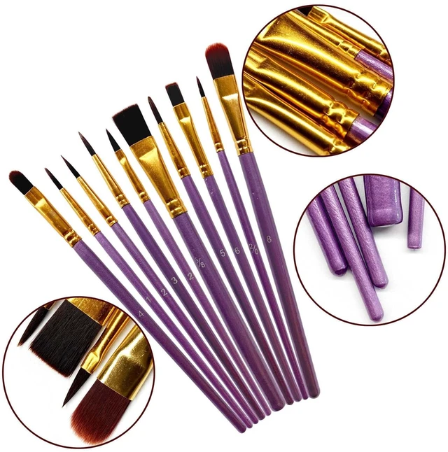 Alt view image 2 of 7 - 1 Pack 10 Pcs Paint Brushes, Nylon Hair Paint Brushes Set for Kids, Beginner, Suitable for Oil, Watercolor, Acrylic Paint and Body Pinting, Purple
