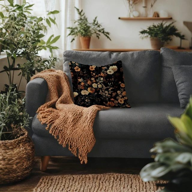 Alt view image 4 of 6 - Moody Vintage Bold Floral Throw Pillow Covers 18x18, Dark Academia Cottagecore Botanical Wildflower Decorative Pillowcases for Living Room Bedroom Sofa Home Decor