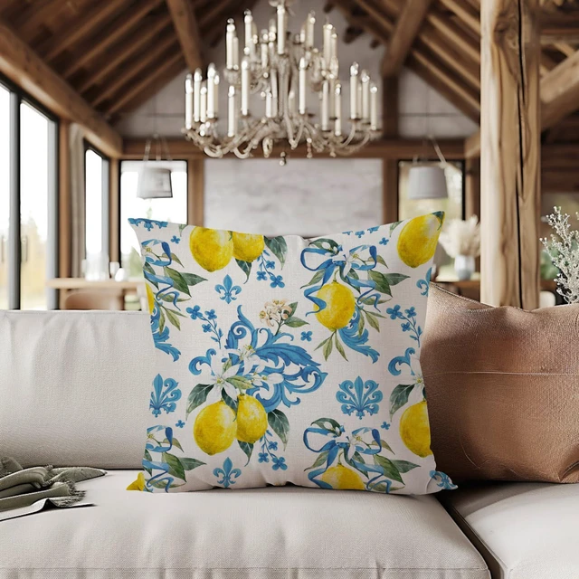 Alt view image 2 of 7 - Italy Lemons Throw Pillow Cover 18x18 Lemon Decor Mediterranean Blue Iris Flroal Italian Gifts Pillow Cases Decorative Pillow Living Room Bedroom Office Home Decor for Cushion Car Bed