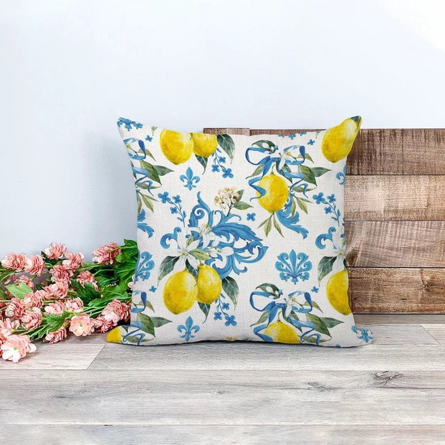 Alt view image 6 of 7 - Italy Lemons Throw Pillow Cover 18x18 Lemon Decor Mediterranean Blue Iris Flroal Italian Gifts Pillow Cases Decorative Pillow Living Room Bedroom Office Home Decor for Cushion Car Bed