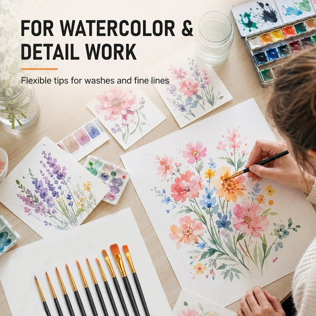 Alt view image 5 of 7 - Artist Brushes 10 Pcs Professional Watercolor Brushes Set for Watercolor, Acrylic, Oil Painting, Rock Paintings, Face Painting