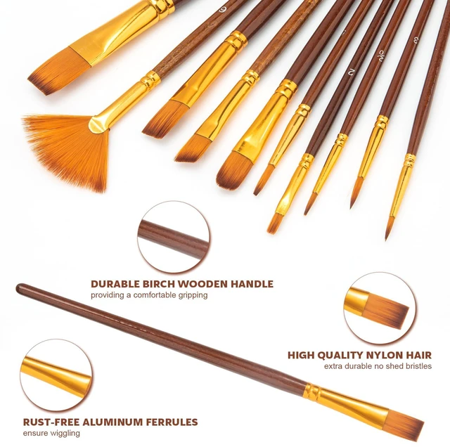 Alt view image 3 of 7 - 10Pcs Paint Brushes for Acrylic, Watercolor & Gouache Painting, Artists & Beginners