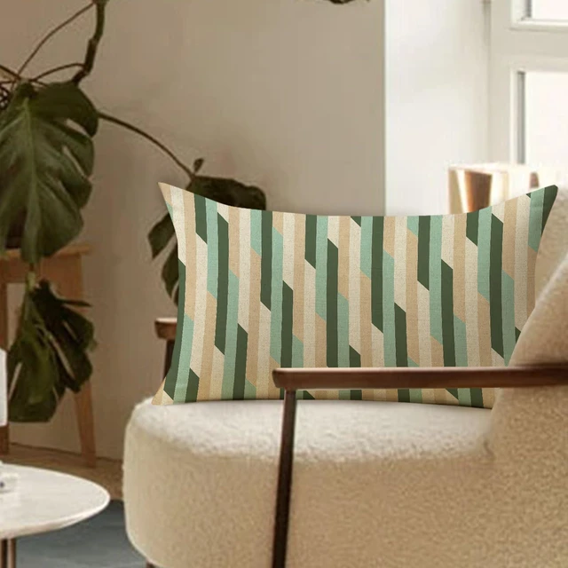 Alt view image 5 of 6 - Geometric Lumbar Decorative Throw Pillow Cover 12 x 20, Green Blue | Rectangular Modern Art Neutral Outdoor Home Decor, Minimalist Contemporary Stripe Sofa Couch Cushion Case Housewarming Gift