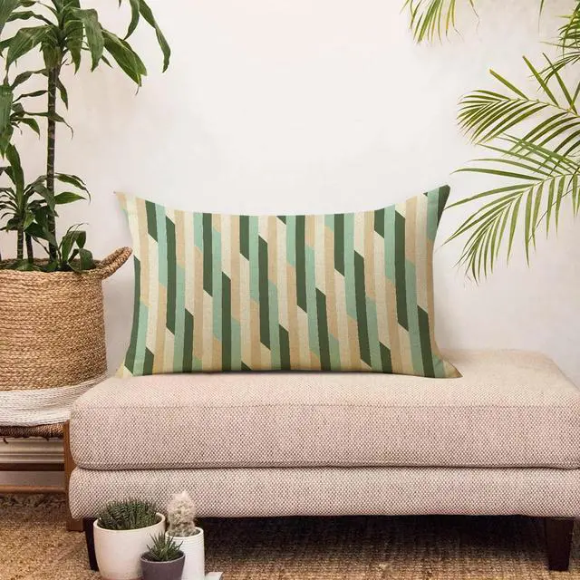 Alt view image 6 of 6 - Geometric Lumbar Decorative Throw Pillow Cover 12 x 20, Green Blue | Rectangular Modern Art Neutral Outdoor Home Decor, Minimalist Contemporary Stripe Sofa Couch Cushion Case Housewarming Gift