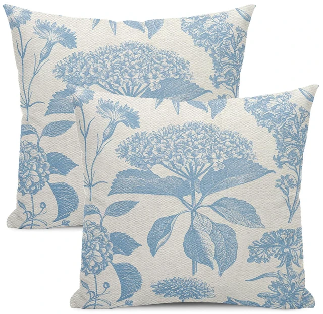 Main image of Pillow Covers 18x18 Set of 2 Vintage Baby Blue Hydrangea Herb Botanical Throw Pillow Cover Outdoor Decoration Boho Flower Pillowcase Farmhouse Decorative Linen Cushion Case for Home Sofa