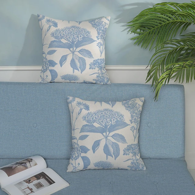 Alt view image 4 of 7 - Pillow Covers 18x18 Set of 2 Vintage Baby Blue Hydrangea Herb Botanical Throw Pillow Cover Outdoor Decoration Boho Flower Pillowcase Farmhouse Decorative Linen Cushion Case for Home Sofa