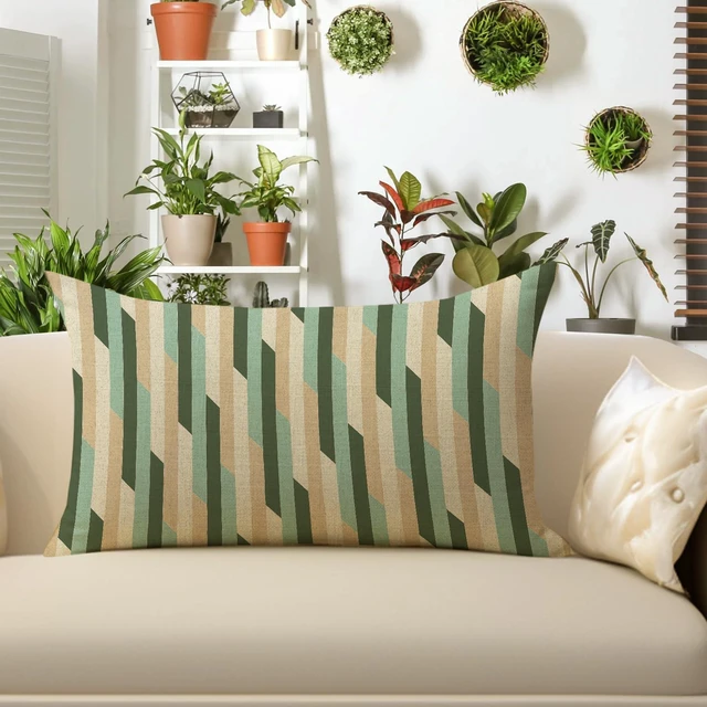 Alt view image 4 of 6 - Geometric Lumbar Decorative Throw Pillow Cover 12 x 20, Green Blue | Rectangular Modern Art Neutral Outdoor Home Decor, Minimalist Contemporary Stripe Sofa Couch Cushion Case Housewarming Gift