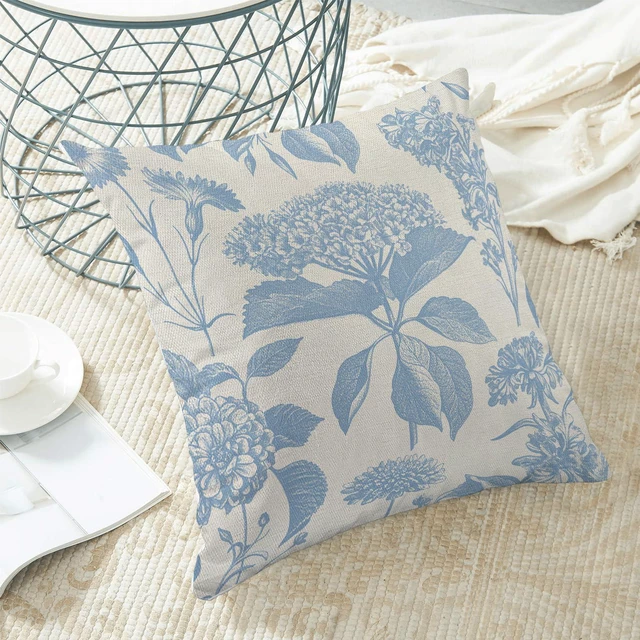 Alt view image 6 of 7 - Pillow Covers 18x18 Set of 2 Vintage Baby Blue Hydrangea Herb Botanical Throw Pillow Cover Outdoor Decoration Boho Flower Pillowcase Farmhouse Decorative Linen Cushion Case for Home Sofa