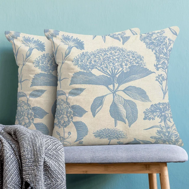 Alt view image 7 of 7 - Pillow Covers 18x18 Set of 2 Vintage Baby Blue Hydrangea Herb Botanical Throw Pillow Cover Outdoor Decoration Boho Flower Pillowcase Farmhouse Decorative Linen Cushion Case for Home Sofa