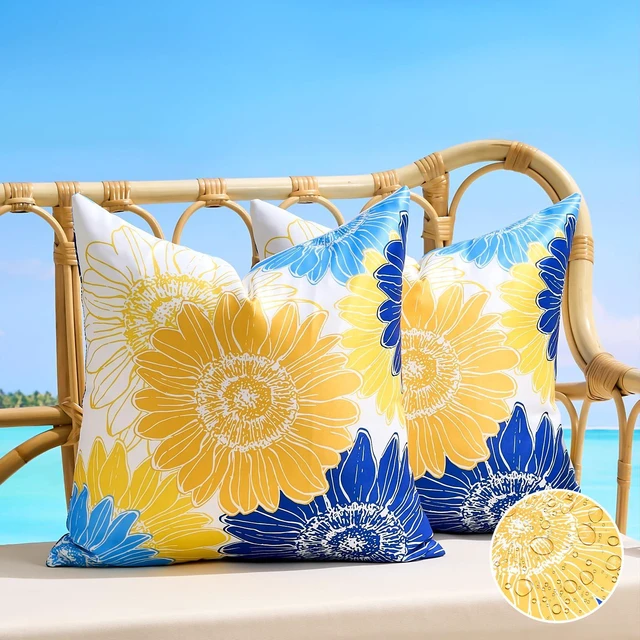 Main image of Outdoor Waterproof Floral Pillow Covers Yellow Blue Summer Decorative Throw Pillow Covers 18x18 Set of 2 Square Sunflower Garden Cushion Throw Pillowcase for Patio Furniture Garden Tent Balcony Bench