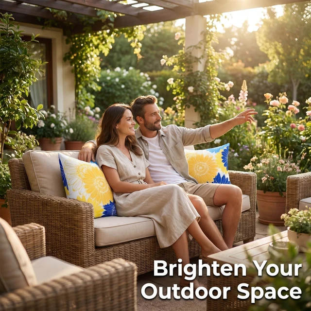 Alt view image 3 of 7 - Outdoor Waterproof Floral Pillow Covers Yellow Blue Summer Decorative Throw Pillow Covers 18x18 Set of 2 Square Sunflower Garden Cushion Throw Pillowcase for Patio Furniture Garden Tent Balcony Bench