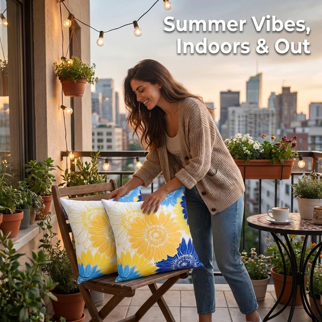 Alt view image 4 of 7 - Outdoor Waterproof Floral Pillow Covers Yellow Blue Summer Decorative Throw Pillow Covers 18x18 Set of 2 Square Sunflower Garden Cushion Throw Pillowcase for Patio Furniture Garden Tent Balcony Bench