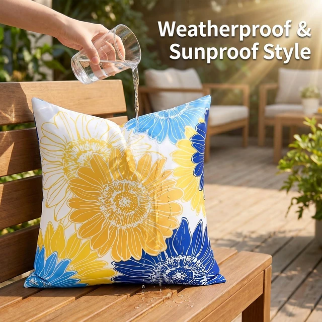 Alt view image 5 of 7 - Outdoor Waterproof Floral Pillow Covers Yellow Blue Summer Decorative Throw Pillow Covers 18x18 Set of 2 Square Sunflower Garden Cushion Throw Pillowcase for Patio Furniture Garden Tent Balcony Bench