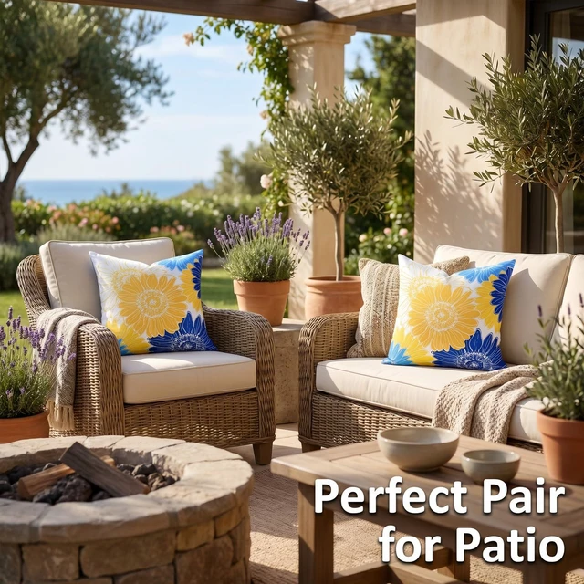 Alt view image 7 of 7 - Outdoor Waterproof Floral Pillow Covers Yellow Blue Summer Decorative Throw Pillow Covers 18x18 Set of 2 Square Sunflower Garden Cushion Throw Pillowcase for Patio Furniture Garden Tent Balcony Bench