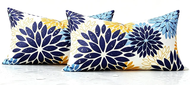 Main image of Dahlia Throw Pillow Covers 12x20 Inch Set of 2 Outdoor Pillows Waterproof Cushion Covers Decorative Pillowcases Blue and Yellow Square for Living Room Patio Garden Funiture