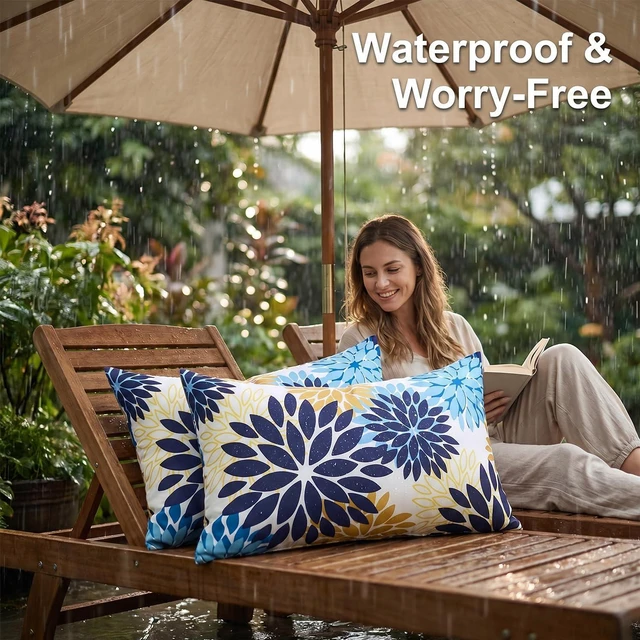 Alt view image 2 of 7 - Dahlia Throw Pillow Covers 12x20 Inch Set of 2 Outdoor Pillows Waterproof Cushion Covers Decorative Pillowcases Blue and Yellow Square for Living Room Patio Garden Funiture