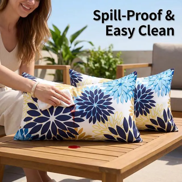 Alt view image 5 of 7 - Dahlia Throw Pillow Covers 12x20 Inch Set of 2 Outdoor Pillows Waterproof Cushion Covers Decorative Pillowcases Blue and Yellow Square for Living Room Patio Garden Funiture