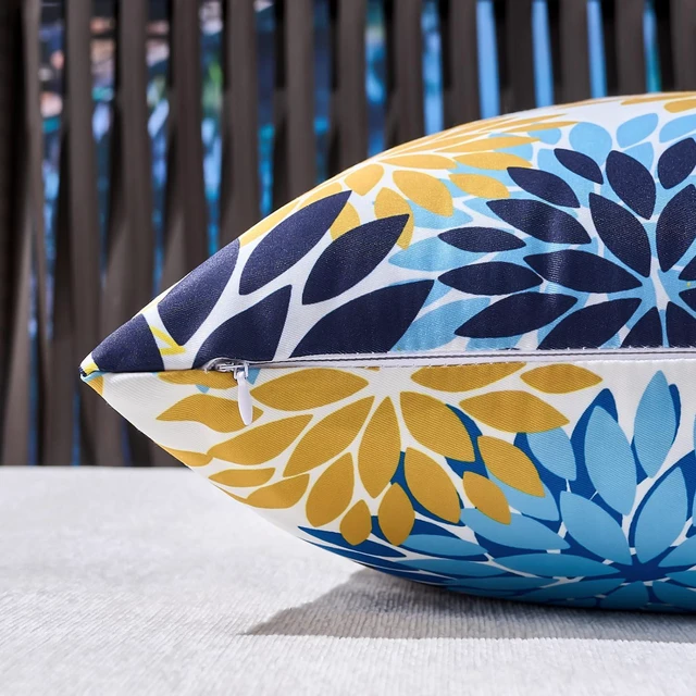 Alt view image 7 of 7 - Dahlia Throw Pillow Covers 12x20 Inch Set of 2 Outdoor Pillows Waterproof Cushion Covers Decorative Pillowcases Blue and Yellow Square for Living Room Patio Garden Funiture