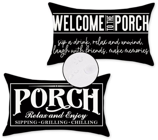 Main image of Welcome Porch Outdoor Pillow Covers 12x20 Inch Waterproof Black Decorative Throw Pillows for Patio Furniture Garden Cushion Case Bench Decor