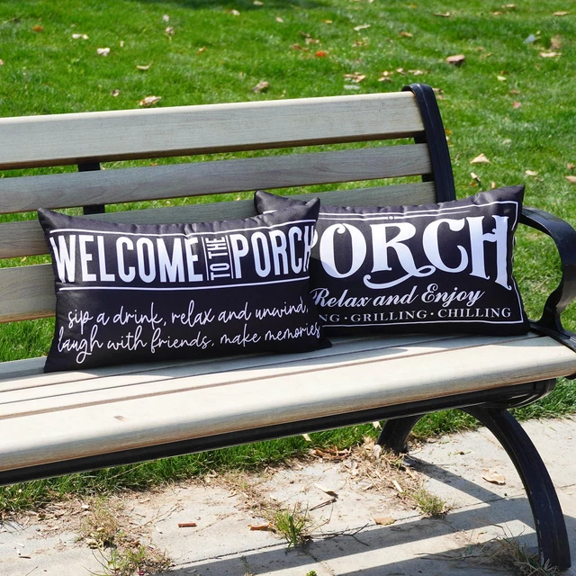 Alt view image 5 of 6 - Welcome Porch Outdoor Pillow Covers 12x20 Inch Waterproof Black Decorative Throw Pillows for Patio Furniture Garden Cushion Case Bench Decor