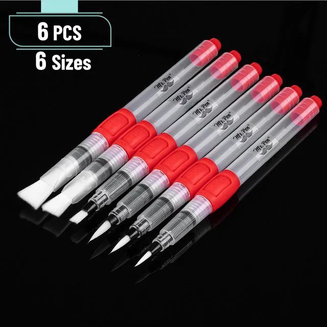 Alt view image 2 of 7 - Watercolor Brush Pens, 6 pcs | 3 x Point Tips and 3 x Flat Tips Styles, Nylon Bristles, Refillable Watercolor Pens for Acrylic, Gouache, Crayons