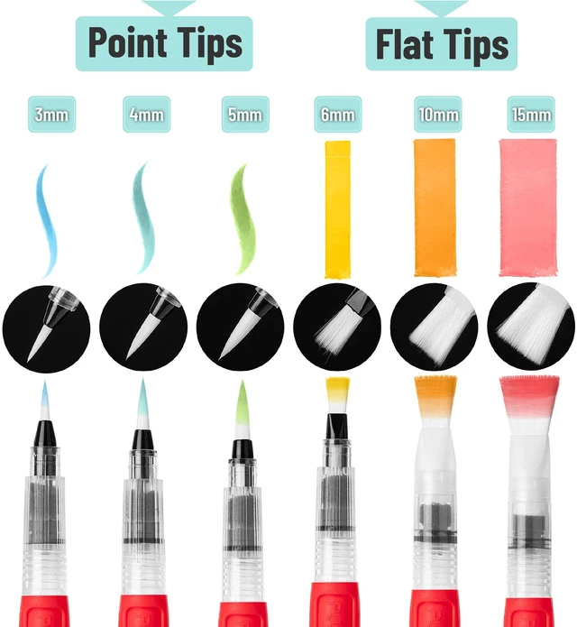 Alt view image 3 of 7 - Watercolor Brush Pens, 6 pcs | 3 x Point Tips and 3 x Flat Tips Styles, Nylon Bristles, Refillable Watercolor Pens for Acrylic, Gouache, Crayons