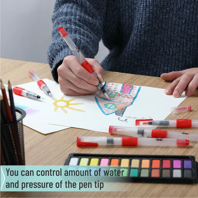 Alt view image 6 of 7 - Watercolor Brush Pens, 6 pcs | 3 x Point Tips and 3 x Flat Tips Styles, Nylon Bristles, Refillable Watercolor Pens for Acrylic, Gouache, Crayons