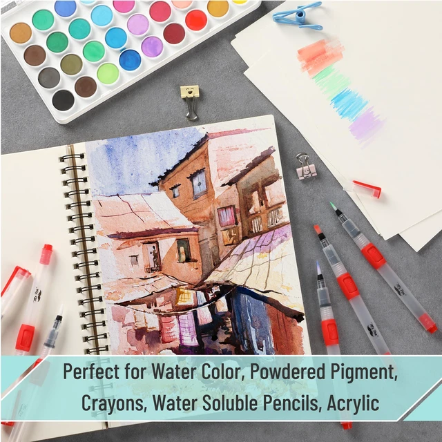 Alt view image 7 of 7 - Watercolor Brush Pens, 6 pcs | 3 x Point Tips and 3 x Flat Tips Styles, Nylon Bristles, Refillable Watercolor Pens for Acrylic, Gouache, Crayons