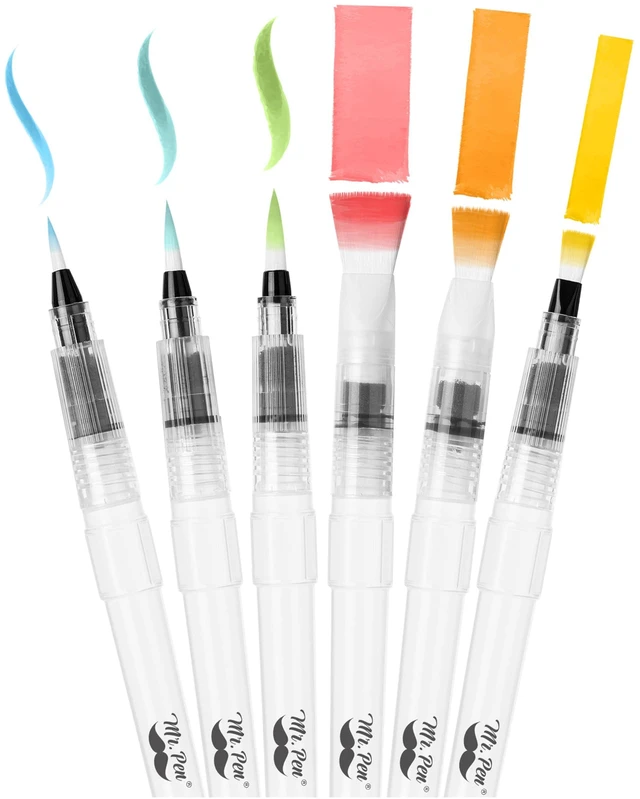 Main image of Watercolor Brush Pens, 6 pcs | 3 x Point Tips and 3 x Flat Tips Styles, Nylon Bristles, Refillable Watercolor Pens for Acrylic, Gouache, Crayons