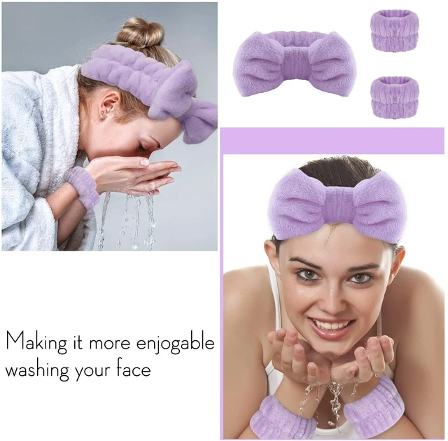 Alt view image 3 of 7 - Spa headband, Wristbands, Headband for Washing Face&Makeup,Purple | Face Wash Headband,2pcs Wristlets for Sleeves Dry, Make up Headband